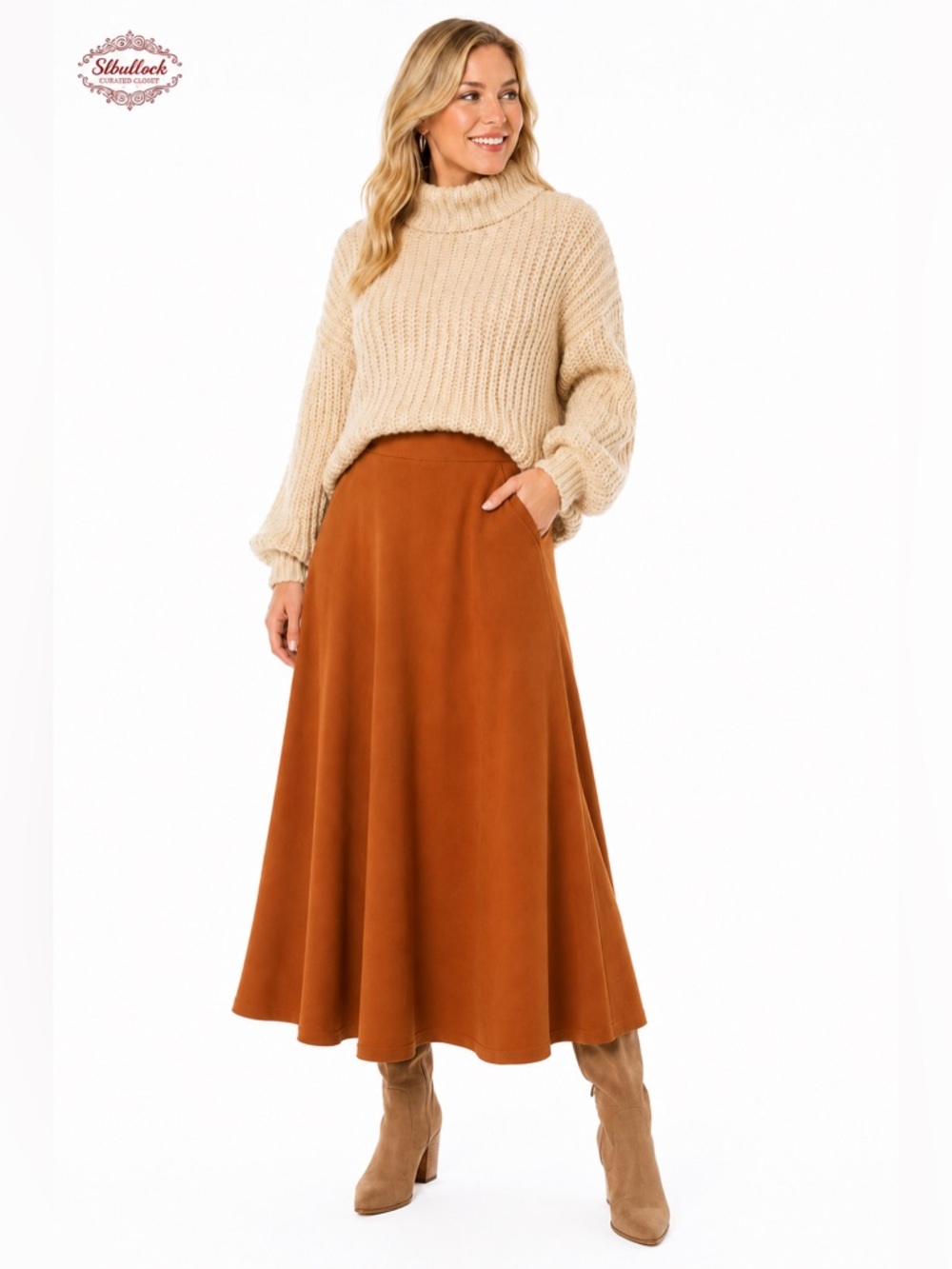 C3 CHOU YATOU Faux Suede Feel Midi Skirt Medium Stretch Waist Pockets Lined